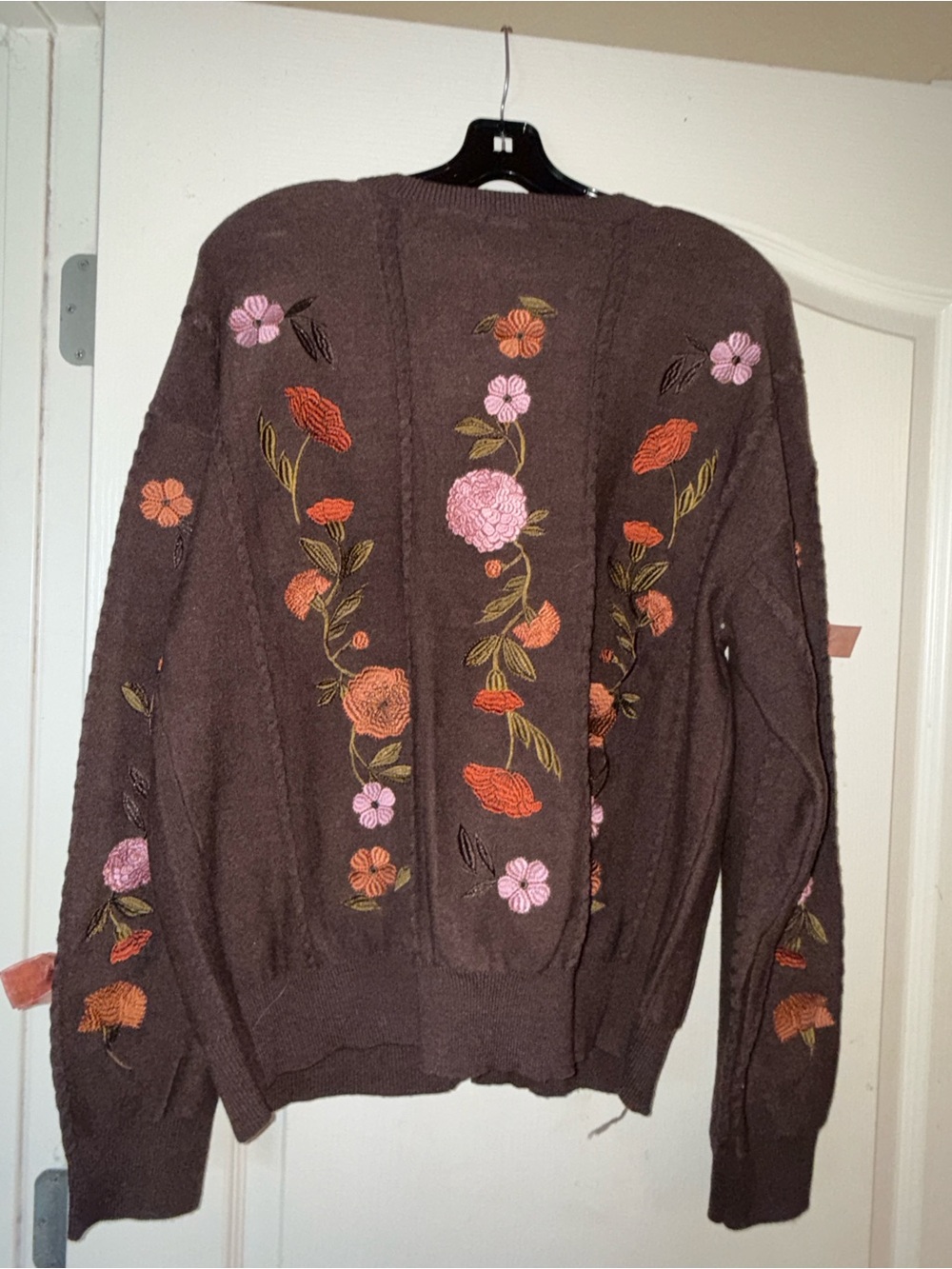 Embroidered Brown Floral Knit Cardigan - Women's Sweater